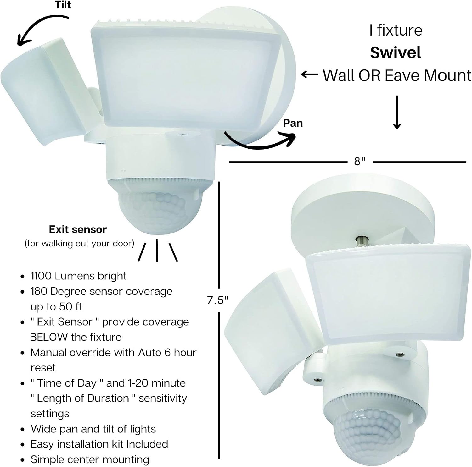 LED Outdoor Motion Sensor Security Floodlight – 1100 Lumens, 180° Detection, Weatherproof Design, Versatile Eave or Wall Mounting, Exit Detection