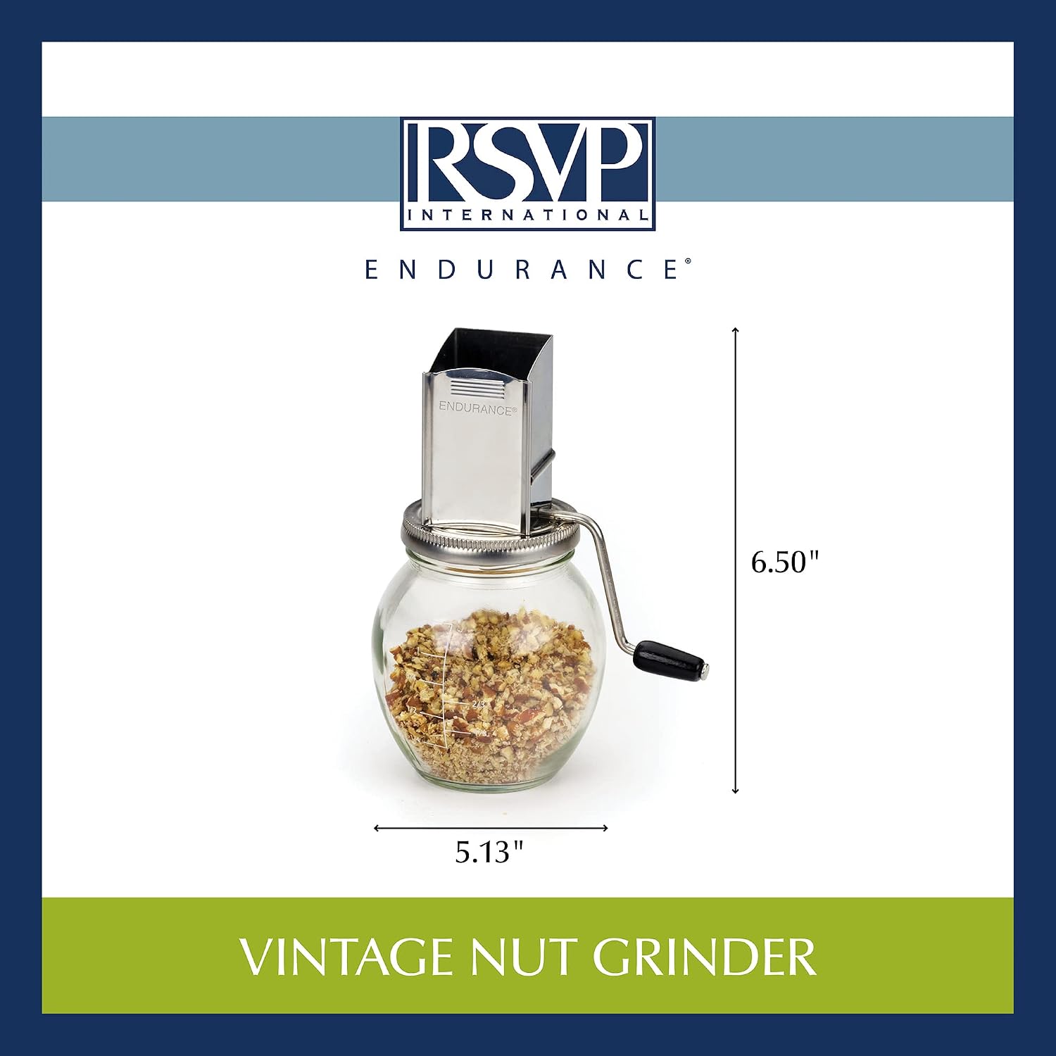 RSVP International Endurance Vintage Inspired Nut Grinder, 1.25 Cup Capacity, Glass Bottom