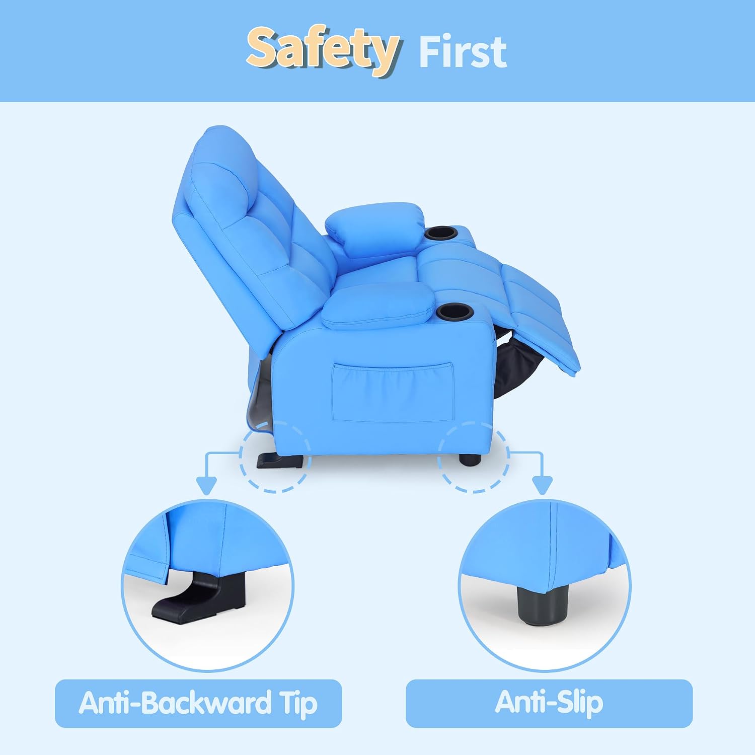 MCombo Big Kids Recliner for Ages 3+, Toddlers Recliner 7355 Velvet, Blue
