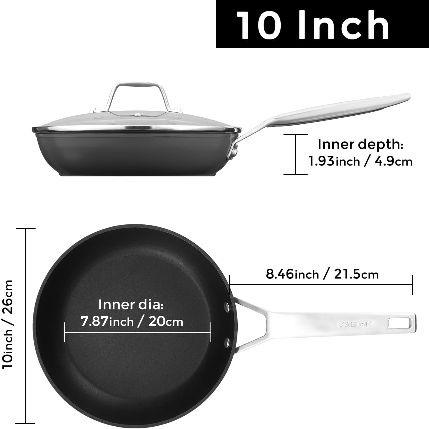 MsMk 12 Inch Nonstick Frying pan with Lid, Grey Large Cooking Pan Skillet
