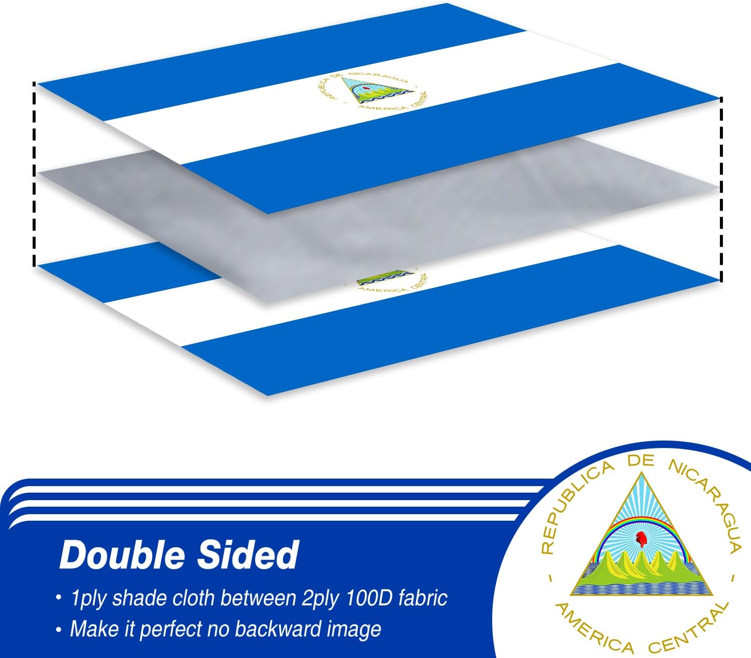 Nicaragua Flag 3x5 ft Outdoor Bandera de Nicaragua Nicaraguan National Flag | Double Sided 3 Ply Heavy Duty Polyester Banner with Brass Grommets for Home and Outdoor Decoration, 4 Rows Stitching