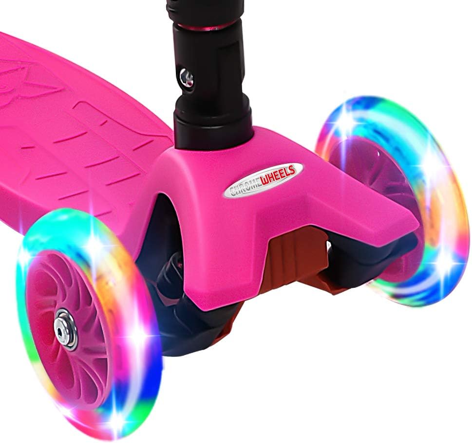 ChromeWheels Foldable Scooters for Kids, Deluxe Kick Scooter 4 Adjustable Height 132lbs Weight Limit 3 Wheel, Lean to Steer LED Light Up Wheels