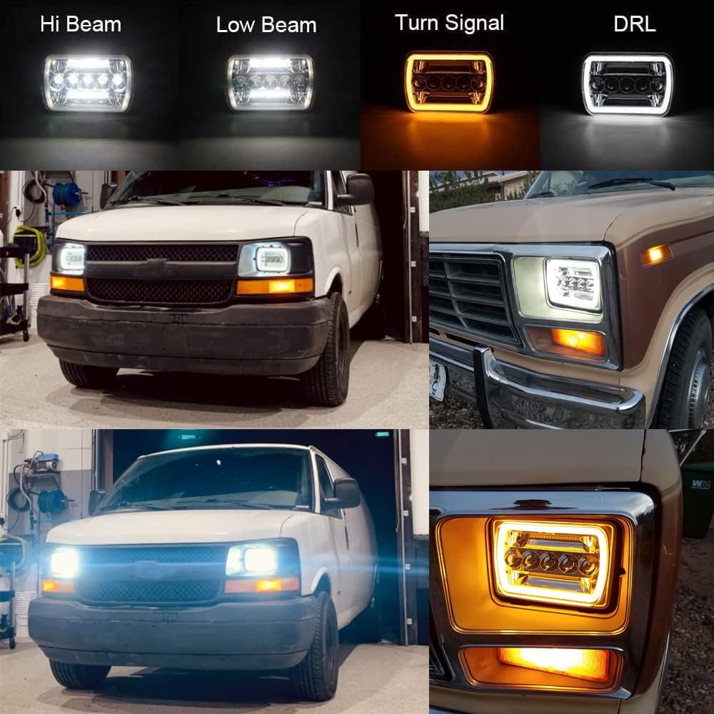 Super Bright Pair 7x6 5x7 Headlights 6052 6054 H5054 H6054 Hi/Low Sealed Beam White/Amber Halo Compatible With Jeep Cherokee XJ YJ Pickup Dodge Ram