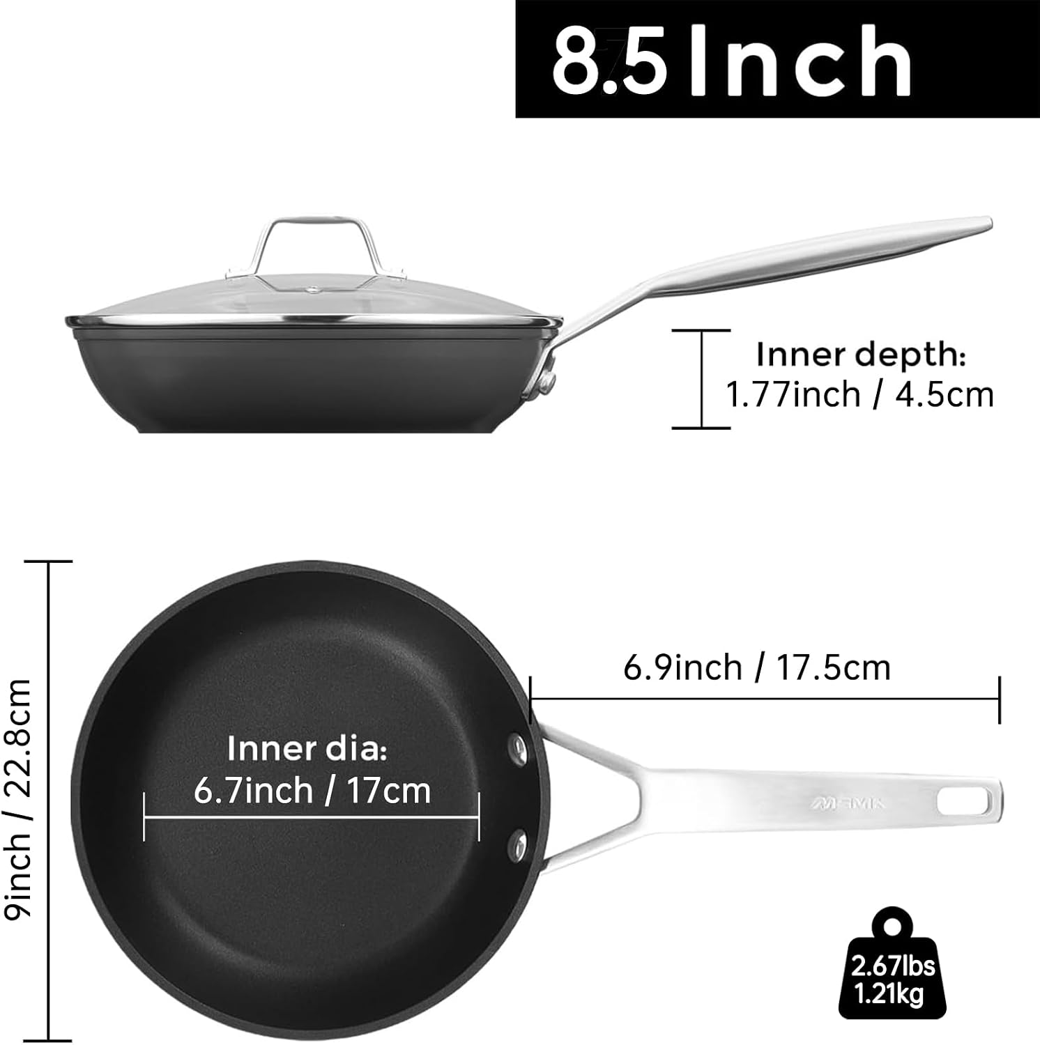 MsMk 12 Inch Nonstick Frying pan with Lid, Grey Large Cooking Pan Skillet