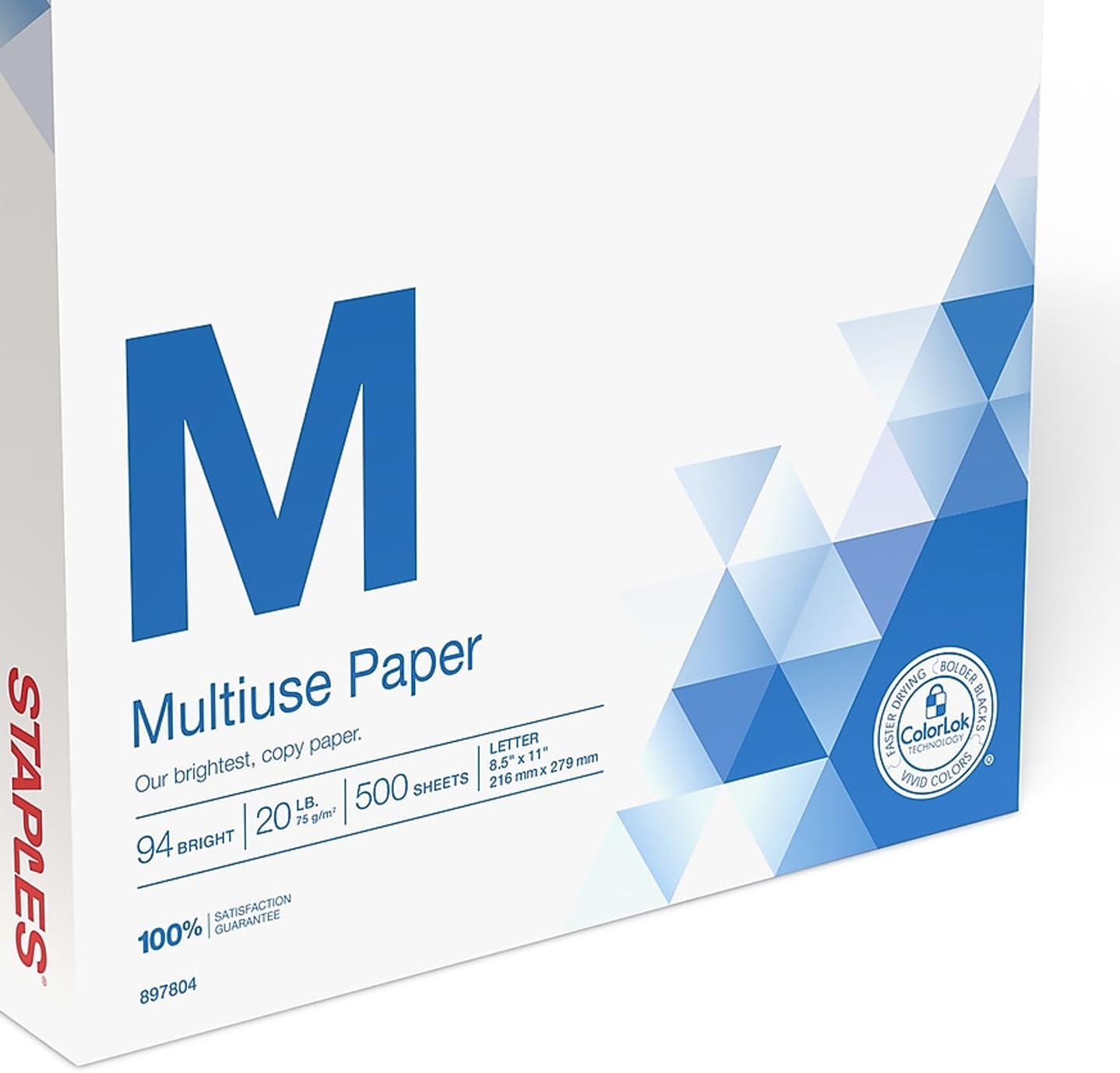 Staples Multipurpose Copy Paper, 8.5x11, 20lb, 94 Bright, 10 Reams/Carton | 5,000 white sheets total. Smooth finish reduces jams in copiers, laser & inkjet printers.