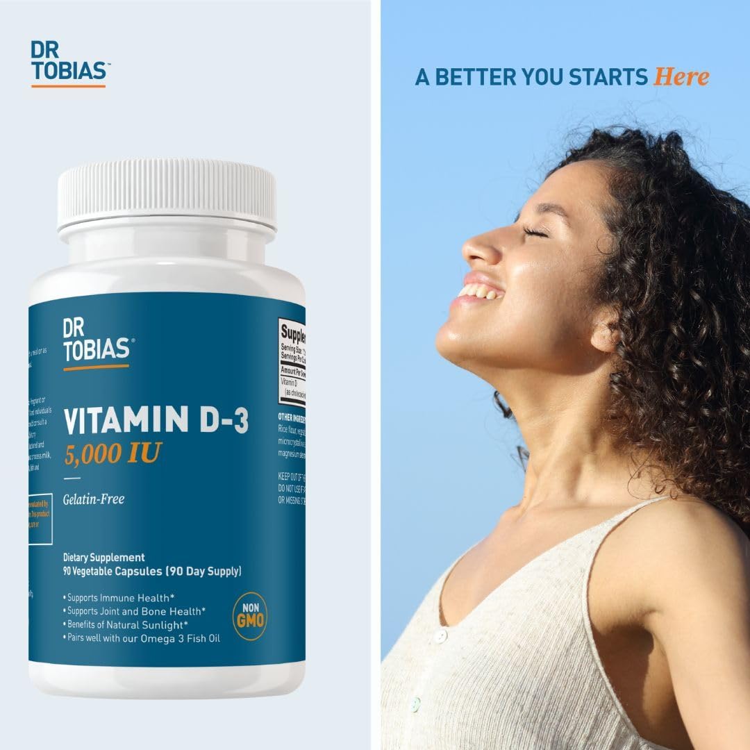 Dr. Tobias Vitamin D3 5000 IU 90 Capsules | Extra Strength Vitamin D | Bone, Teeth & Immune Support | 5