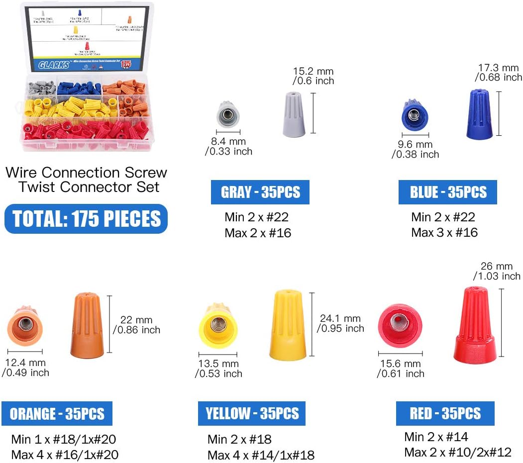 Glarks 8" 10-22 AWG Multifunction Wire Stripper/Crimper/Cutter and 175Pcs Twist Nuts Caps Electrical Wire Connectors Screw Terminals with 5Pcs
