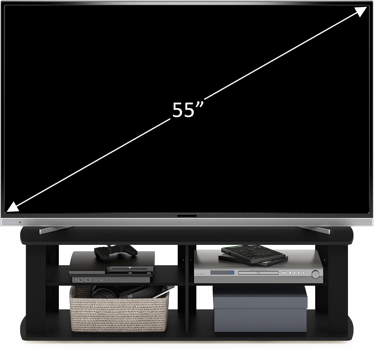 Furinno Nelly TV Stand, 3-Tier Entertainment Center with Open Shelves Storage, TV Console for TV up to 55 Inch, Soft Edges, for Living Room, Bedroom, Black