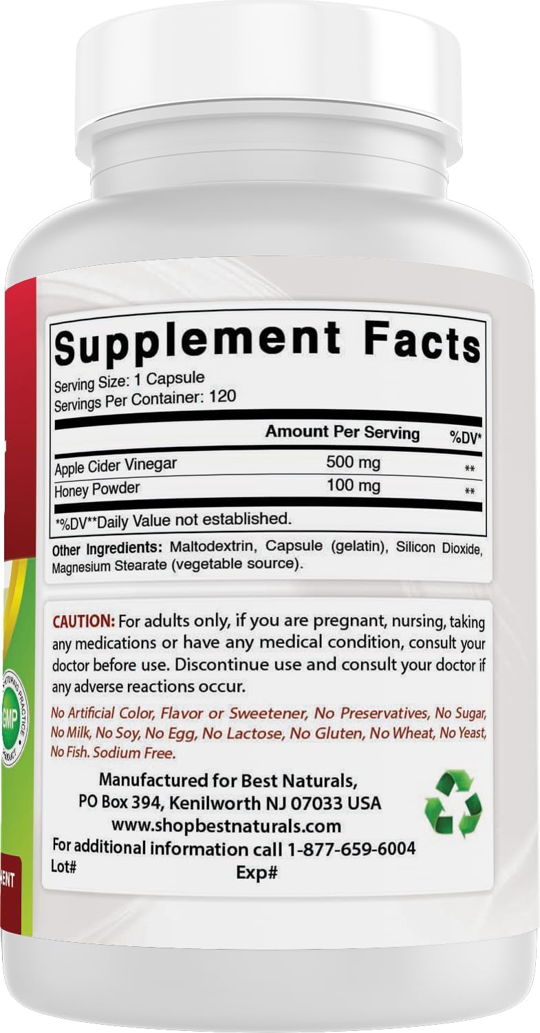 Best Naturals Apple Cider Vinegar Plus 600 Mg 120 Capsules - Vinegar Capsules for Healthier Digestion, Cleanse Body Naturally (Pack of 2)