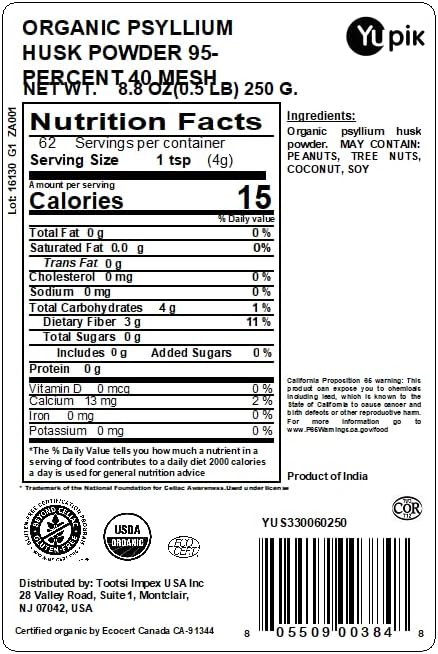 Yupik Organic Psyllium Husk Powder 8.8oz, 95% Purity, Soluble Fiber, USDA Certified, Non-GMO, Vegan, Gluten-Free, Unflavored, Plant-Based, Coarse Milled Husk for Baking & Digestive Health