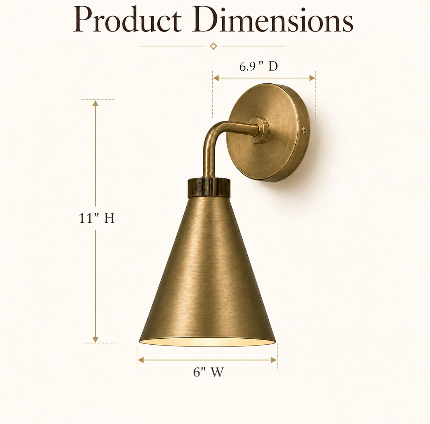 Vintage Metal Cone Wall Sconce, 6" W x 6" L x 11" H | Retro Industrial, Handmade, Antique Brass, Metal Shade, Wall Mount Lighting for Hallway