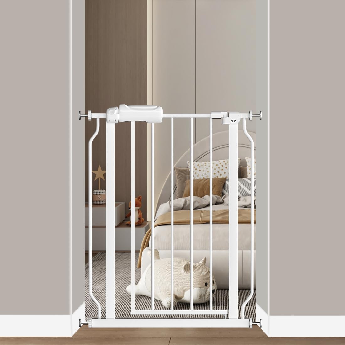 Fairy Baby Extra Wide Baby Gate for Doorways Auto Close Safety Gates for Bedroom, Fits 57.5 Inch to 62 Inch with Pressure Mounted Extention Kit, White | Pressure Mounted No Drill Pet Gate with Door, Heavy Duty Walk-Through Gate for Toddlers, Kids, Dogs,…
