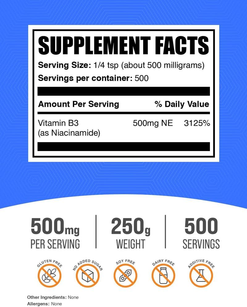 BulkSupplements.com Niacinamide Powder - Vitamin B3 Powder, Niacinamide Supplement, Niacinamide 500mg - B3 Vitamins for Skin, Gluten Free, 500mg per Serving, 1kg (2.2 lbs) (Pack of 1)