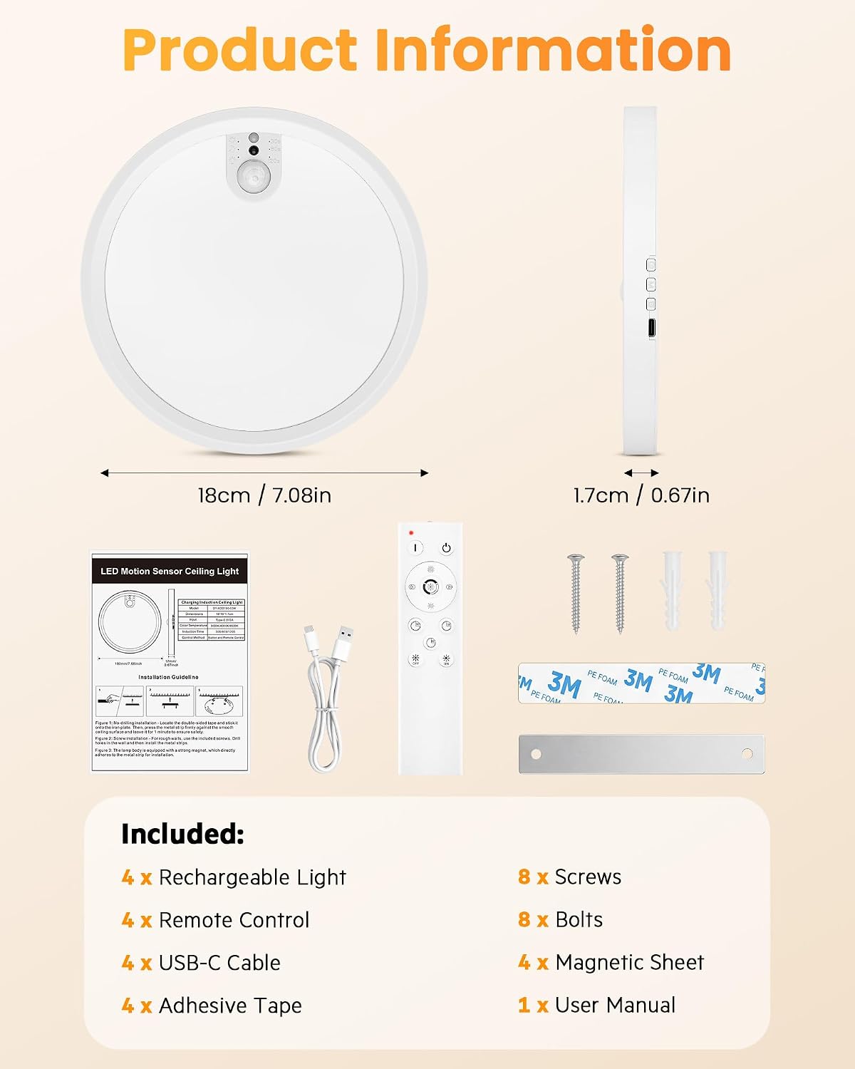 Redane Rechargeable Ceiling Lights Battery Operated with Upgraded LED Panel | 7000mAh Motion Sensor Ceiling with Remote Control, 3CCT Brightness Dimmable 30/60/120s Timer, Magnetic Wireless Installation