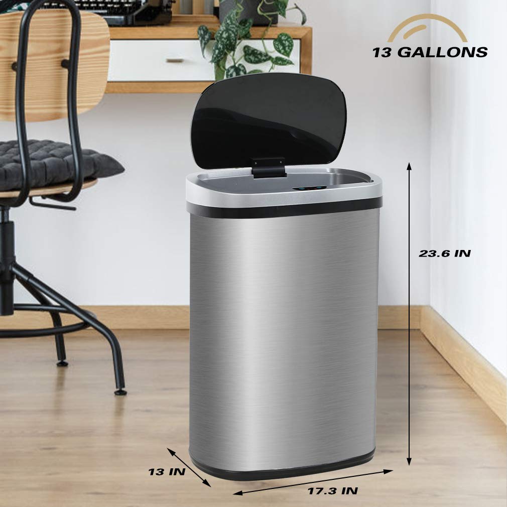 FDW | 13 Gallon Stainless Steel Trash Can with Lid | Silver