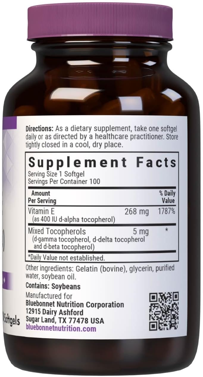 Bluebonnet Nutrition Vitamin E 400 IU (268 mg) Mixed Tocopherols Softgels, Free Radical Portection & Cardiovascular Support, Gluten-Free, Dairy-Free