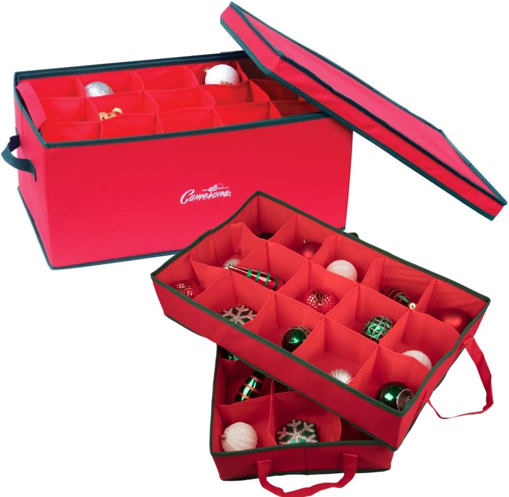 Camerons Christmas Ornament Storage Container Organizer with 2 Removable Trays and 30 XL Decoration Storage Compartments (22.5" x 13.5" x 10")