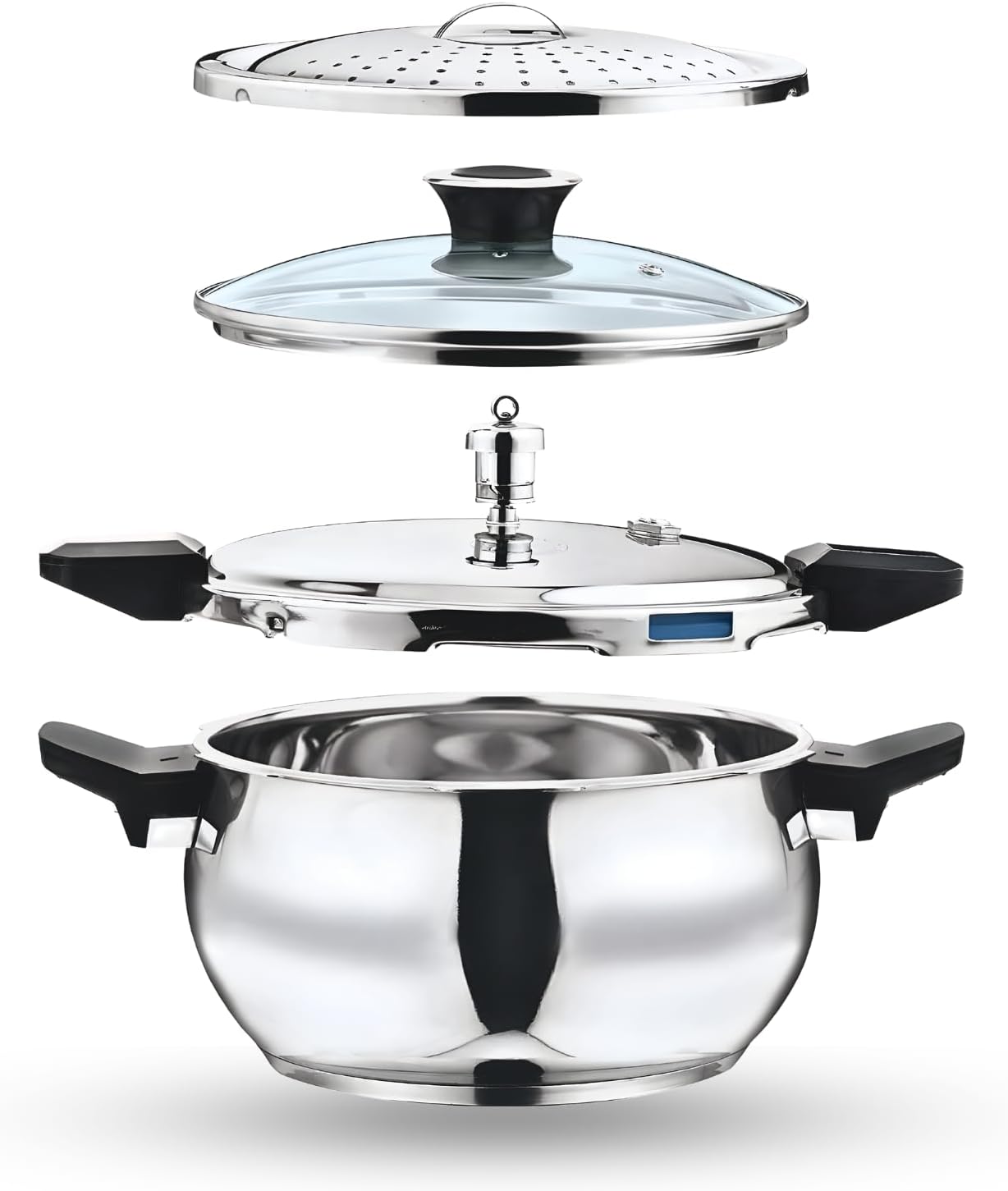 Vinod Magic Stainless Steel Smart 3 in 1 Pressure Cooker 5.5 Litre | 5mm Thick Base | All in One Cooker with Strainer & Glass Lid | Induction and