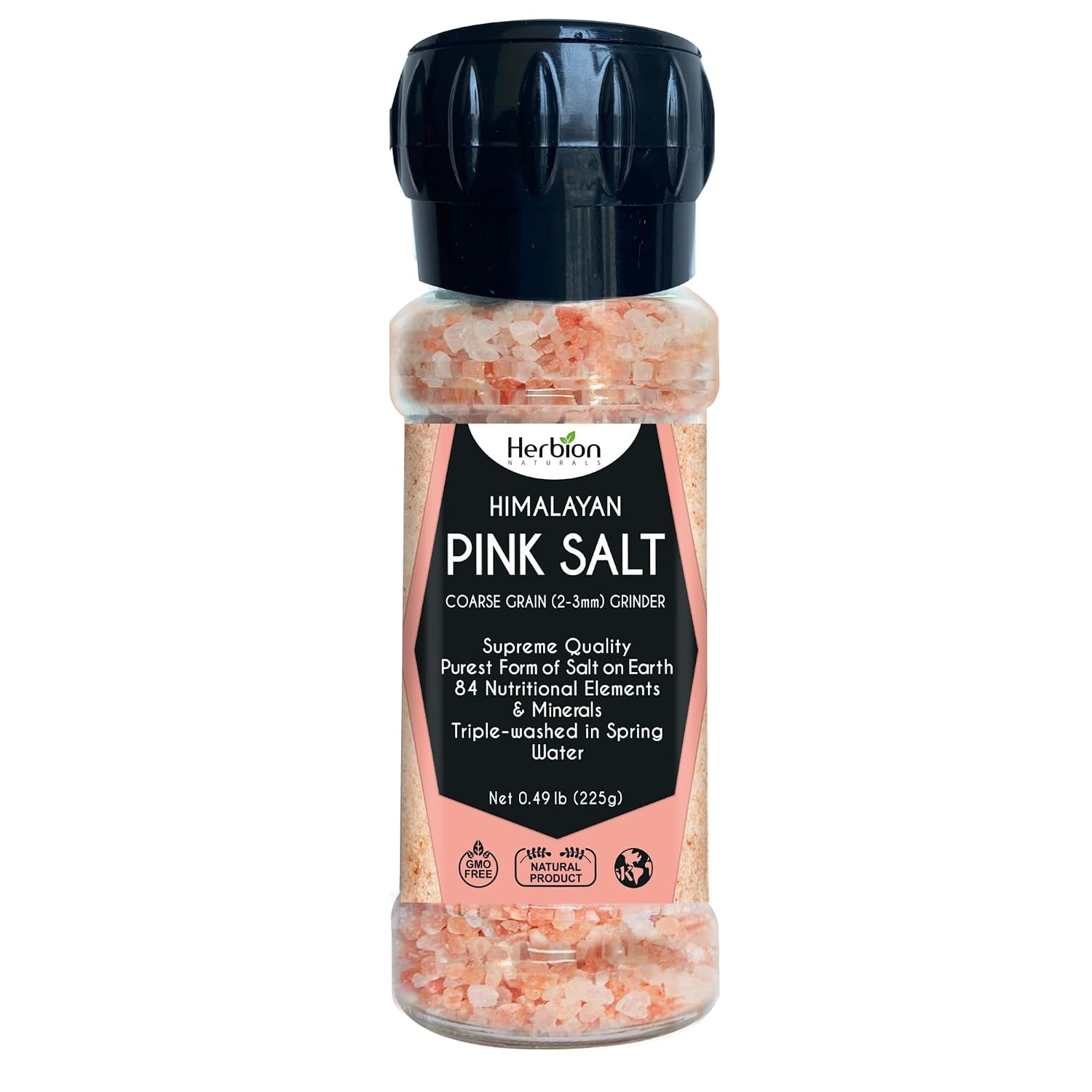 HERBION Naturals Himalayan Pink Salt Jar Fine Grain, GMO Free, Supreme Quality Chemical Free, Vegan, Kosher Certified, Fine Grain All Natural Salt