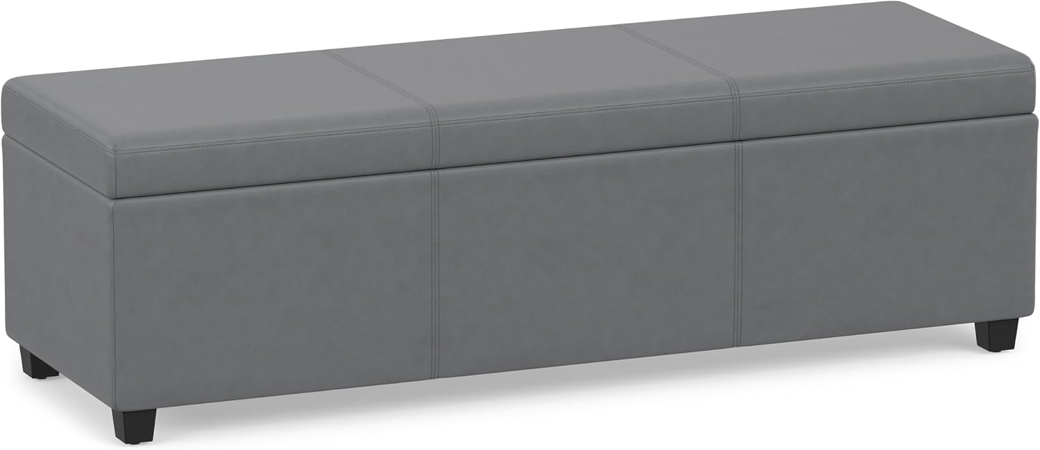 SIMPLIHOME Avalon 54" Wide Vegan Leather Storage Ottoman in Tanners Brown