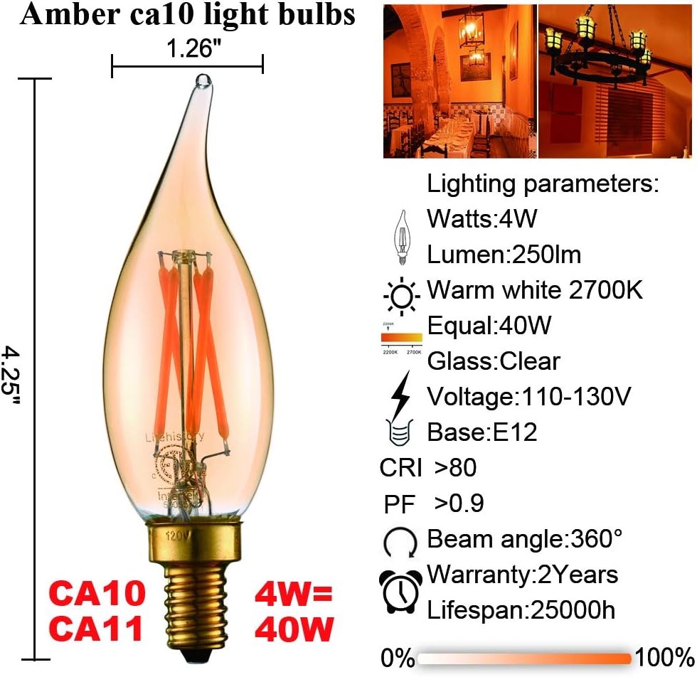 LiteHistory CA10 E12 Candelabra Bulb 40 watt,Amber Light Bulbs,2200K,6Pack | 4w=40 watt Light Bulbs,E12 Bulb,250lm,AC120V,ETL,Candelabra Light Bulbs for Chandelier Light Bulbs,Pendant,Candle Light Bulbs