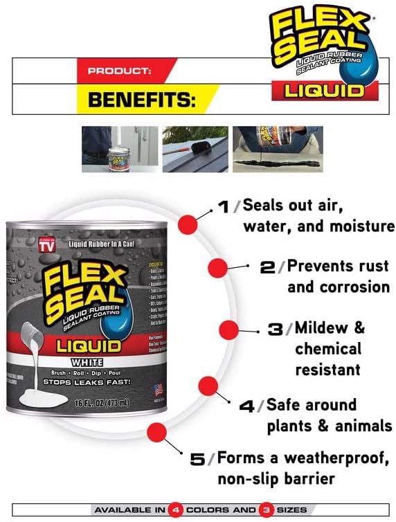 Flex Seal Liquid, 16 oz, Black, Liquid Rubber Coating Sealant, Waterproof, Flexible, Breathable, and UV Resistant, Roof Repair, Basements, RV, Campers