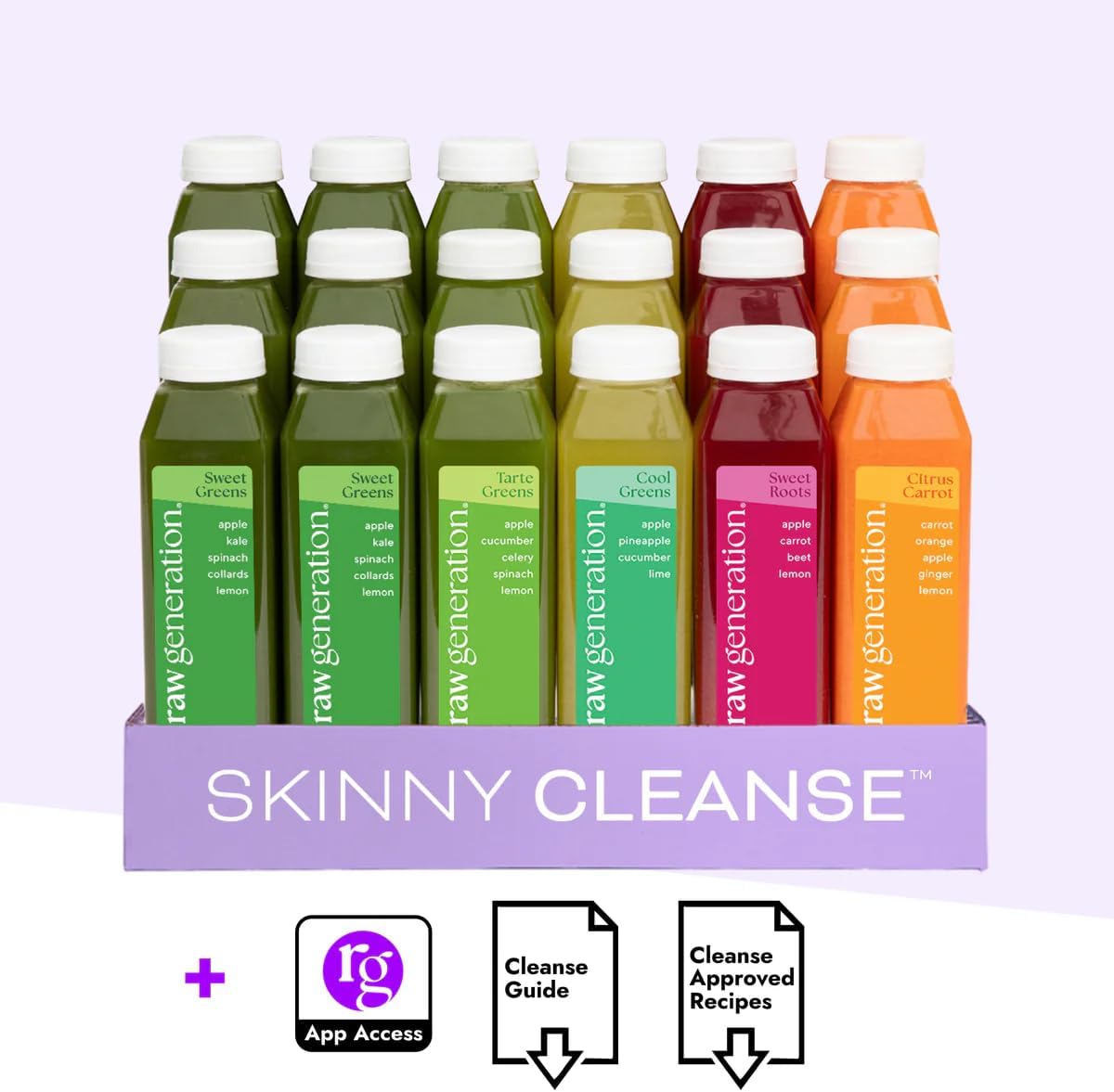 Raw Generation Skinny Juice Cleanse, 5-Day, 30 Cold-Pressed Juice Bottles | Clean ingredients, no added sugar or sweeteners, fruit & vegetable blends, 19g daily protein, at-home reset, cravings support