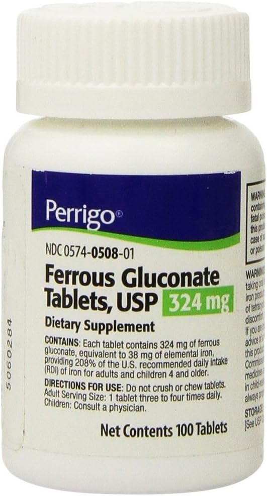 Perrigo Ferrous Gluconate Green Tablets, 324mg, 100ct (3 Pack)