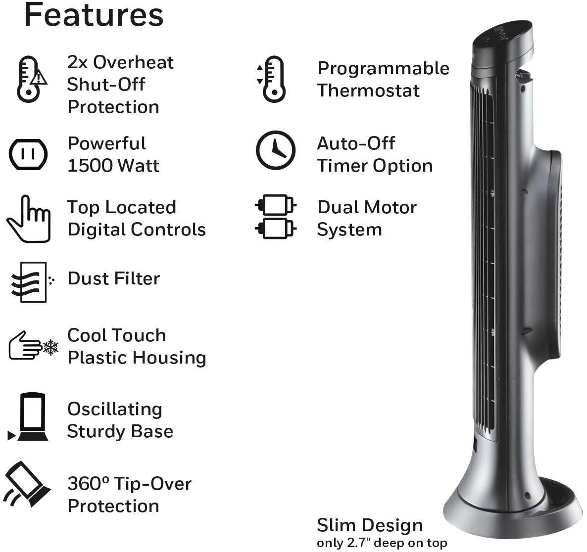Honeywell Slim Ceramic Tower Heater, Small Room, Black – Easy to Use – Slim Space Heater with Two Heat Settings | Easy to Use – Slim Space Heater with Two Heat Settings
