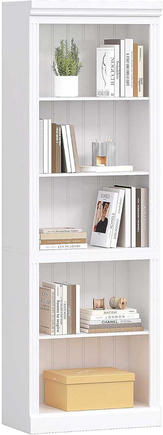 Spirich White Bookshelf, 5-Tier Tall Bookcase with Adjustable Shelves | 13.4-Inch Depth, Anti-Tip Device, Water-Based Finish, FSC-Certified Wood