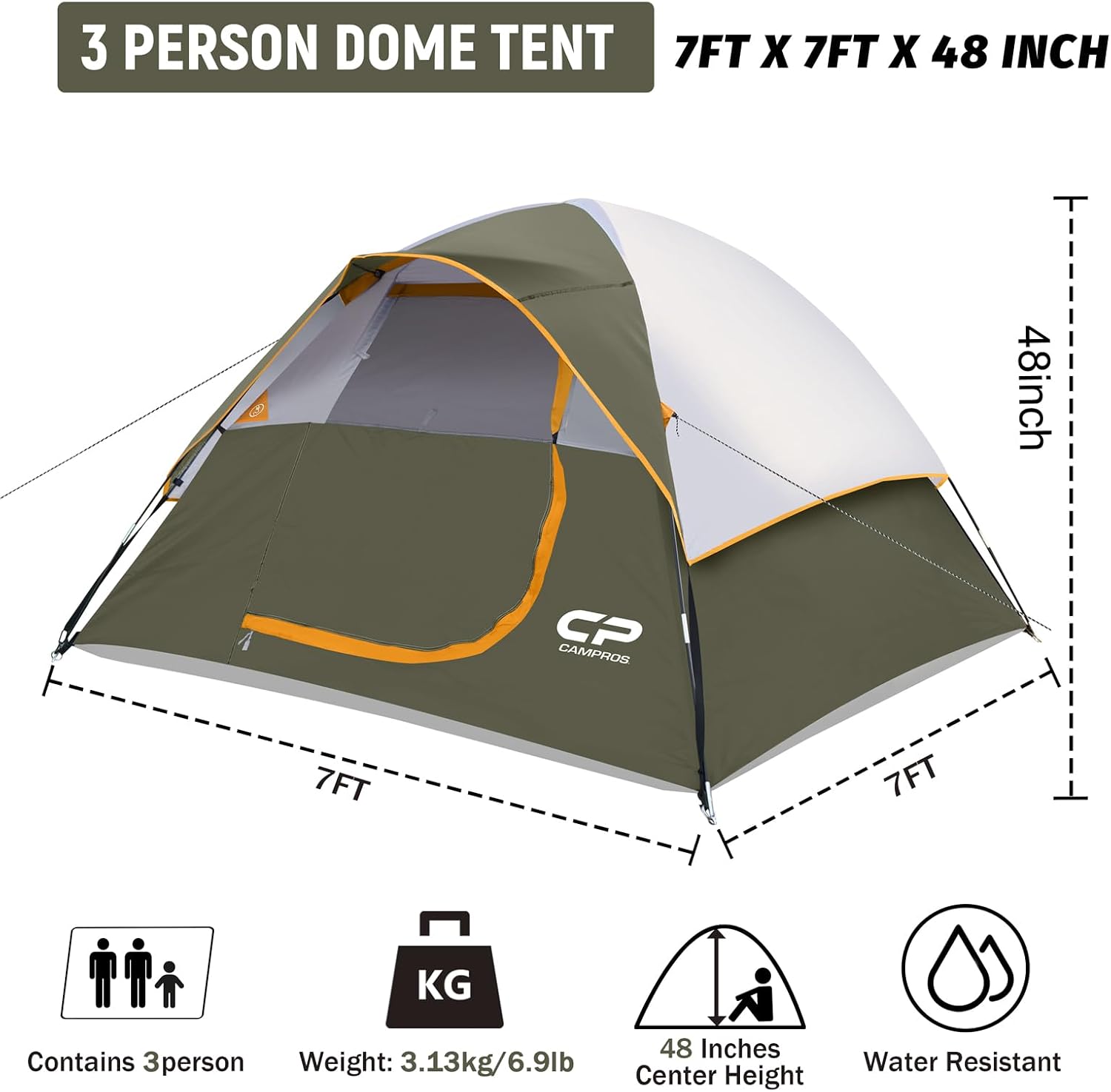 CAMPROS CP 3 Person Tent, Waterproof Dome Tents for Camping with Rainfly