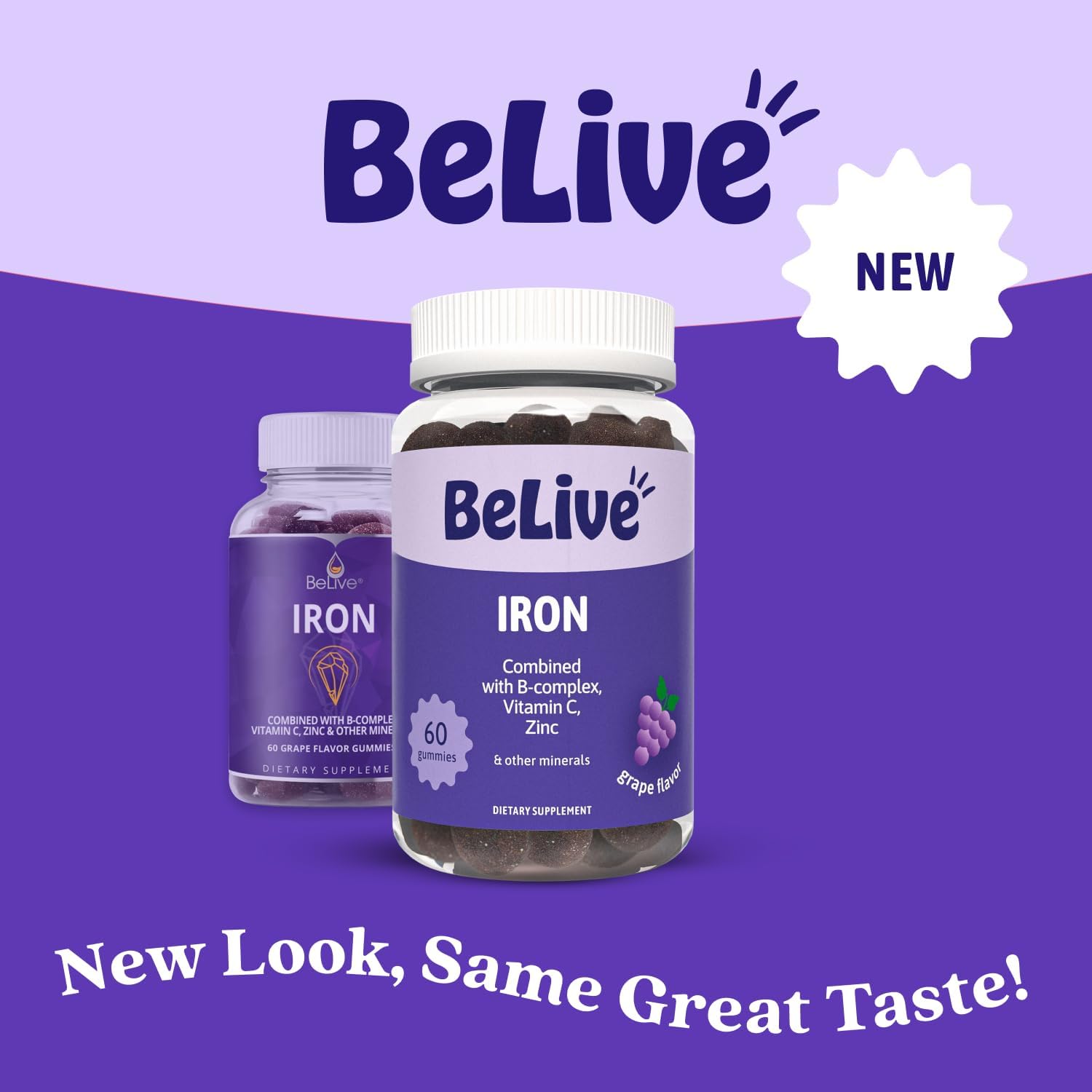 Belive Iron Gummies, Multivitamin Supplement, Blood Oxygen Support, 60 Ct | With Vitamin C, B Complex, Folate, and Zinc for Women, Men & Kids for Growth and Development, Grape Flavor