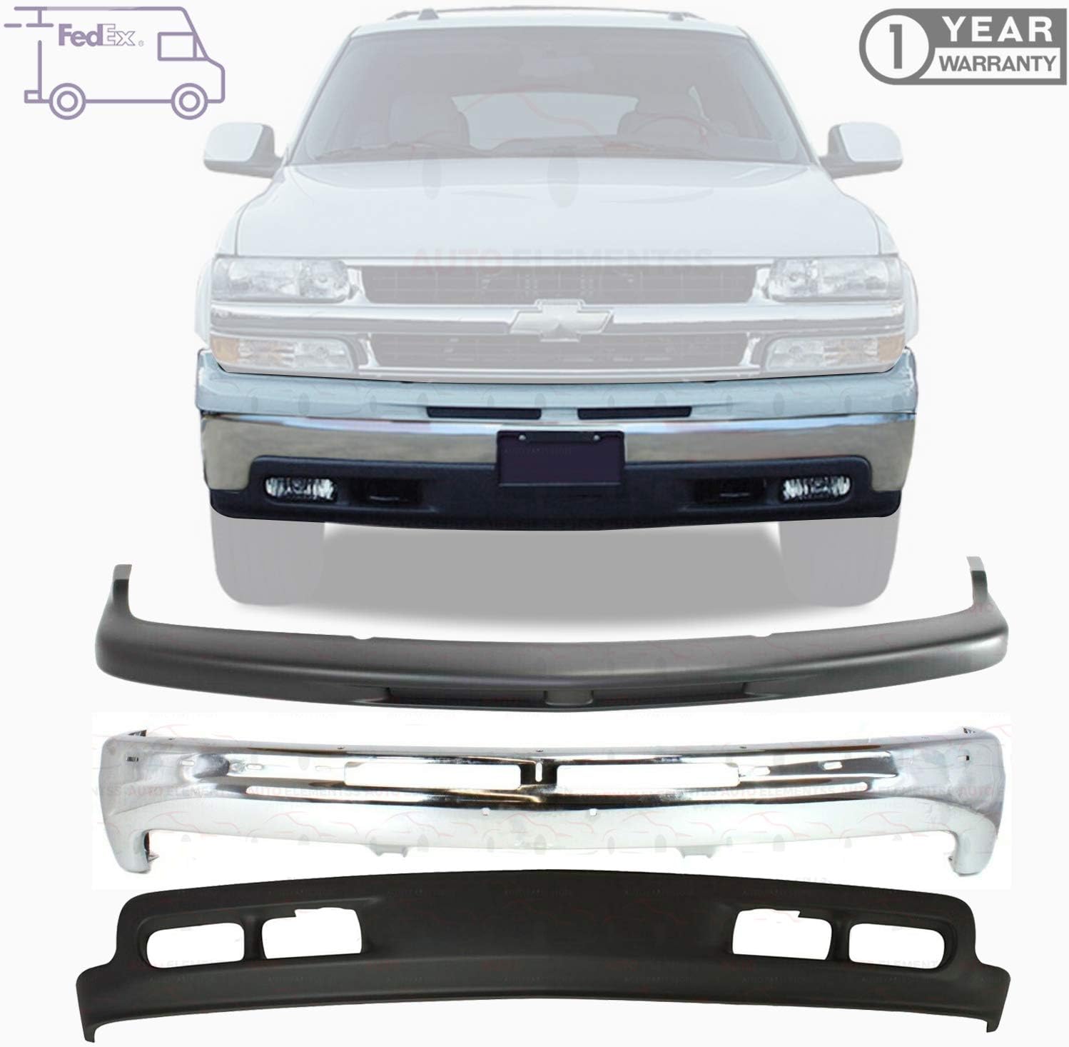 Front Bumper Chrome Steel + Upper Cover Primed + Lower Valance For 1999-2002 Chevy Silverado 1500/2000-2006 Chevrolet Tahoe Suburban 1500 Direct