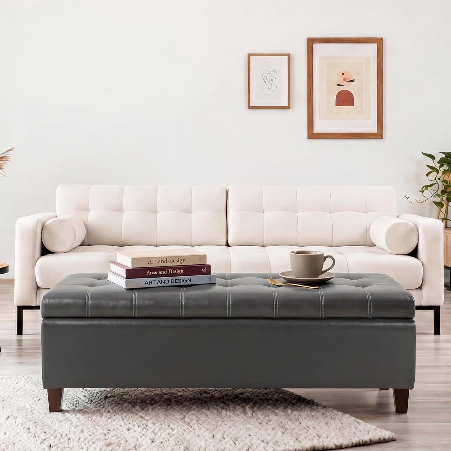 51 Inch Storage Bench,Leather Tufted Storage Ottoman with Legs | Safety Hinges,Wooden Legs,Upholstered,End of Bed,Bedroom,Living Room,Entryway,330LBS,Brown