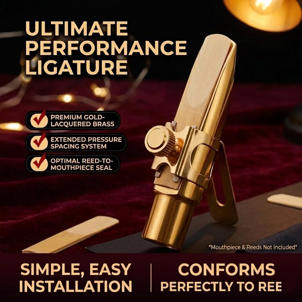 Professional Alto Saxophone Ligature for Metal Mouthpiece - Upgraded Single Screw Design, Gold Brass Ligature with Protective Cap for Slim Alto Sax Metal Mouthpieces