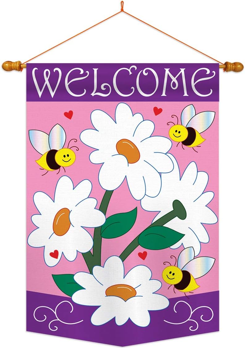 Two Group HS104060-P2-03 Daisies Spring Floral Applique Decorative Vertical 28" x 44" Double Sided House Flag Set Wood Dowel with String Hardware