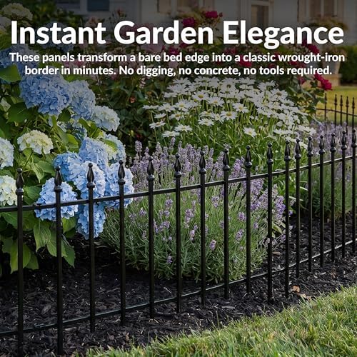 Sunnydaze Decorative Garden Fence Border, 9ft, 5 Panels, Black | 22" W x 18" H No Dig Metal Edging for Flower Beds, Yard, Lawn, Pathways & Landscaping, Roman Finial Design