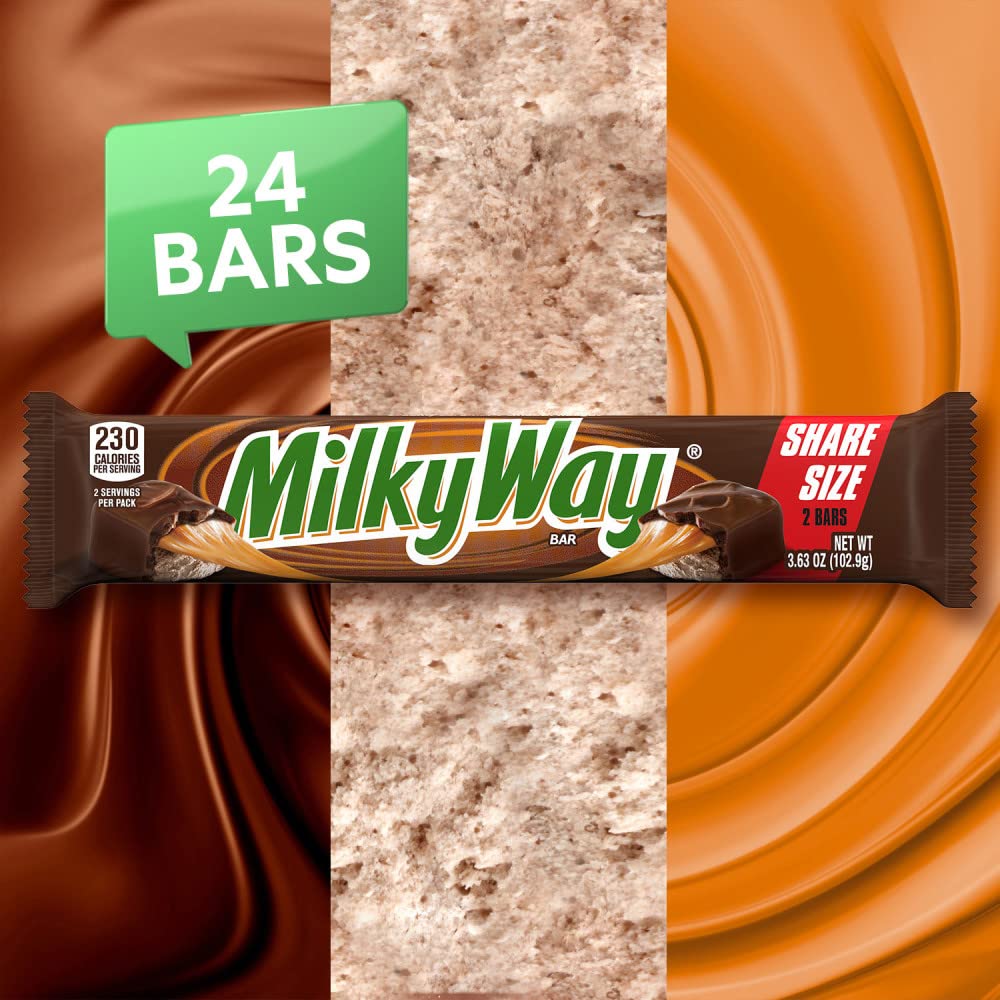 MILKY WAY Milk Chocolate Candy Bars Snacks, Bulk Candy Bars, 3.63 oz 24ct | Milk chocolate candy bars with caramel and nougat; bulk chocolate candy snacks, bulk candy bars, 3.63 oz share size