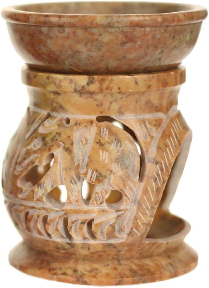 Prabhuji's Gifts | Oil Diffuser | Natural Soapstone Oil Burner Round Elephant | 4in