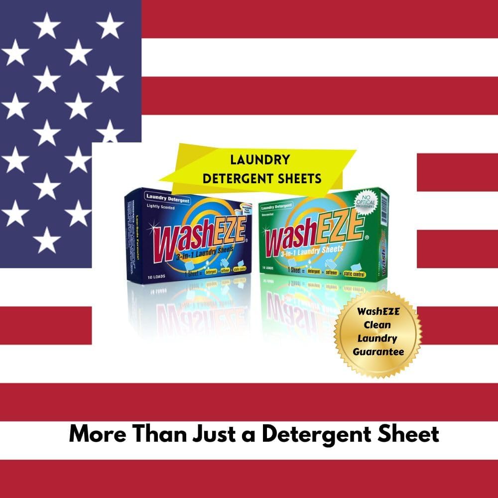 WashEZE (10 Ct) All in One Laundry Sheets Scented - Detergent-Fabric Softener-Stain Fighter - Static Guard Soap Sheet -All in One Detergent Sheet