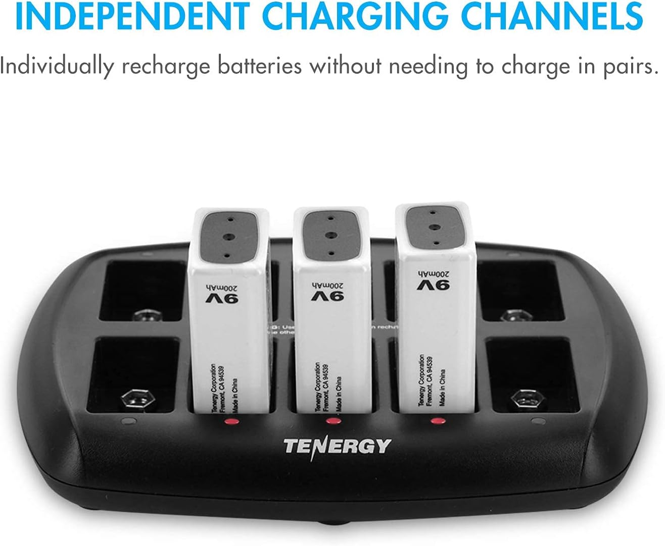 Tenergy 9V Batteries 600mAh 10PCS Li-ion 9 Volt Rechargeable Batteries with 10-Slot Li-ion 9V Battery Charger for Smoke Alarm/Detector