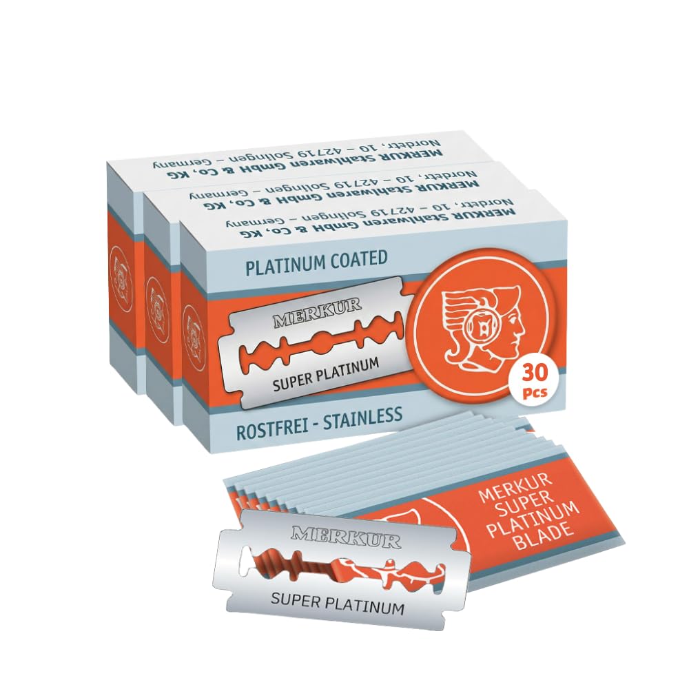 MERKUR SUPER Double Edge Safety Razor Blades, 10 Count (Pack of 3), Precision Stainless Steel Blades with Platinum and Teflon Coating