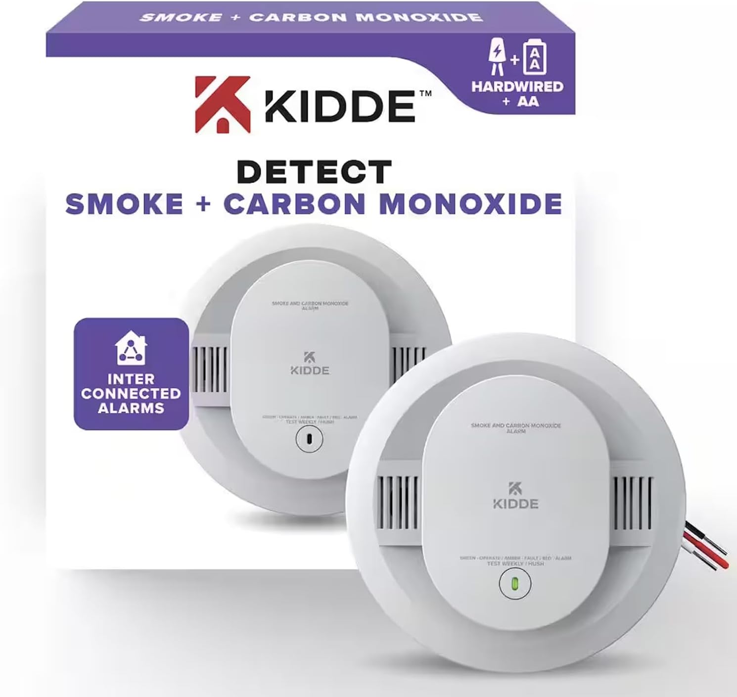 Kidde KN-COSM-IBA Hardwire Combination Smoke Carbon Monoxide Detector Battery Backup Voice Warning Interconnectable (2-Pack)
