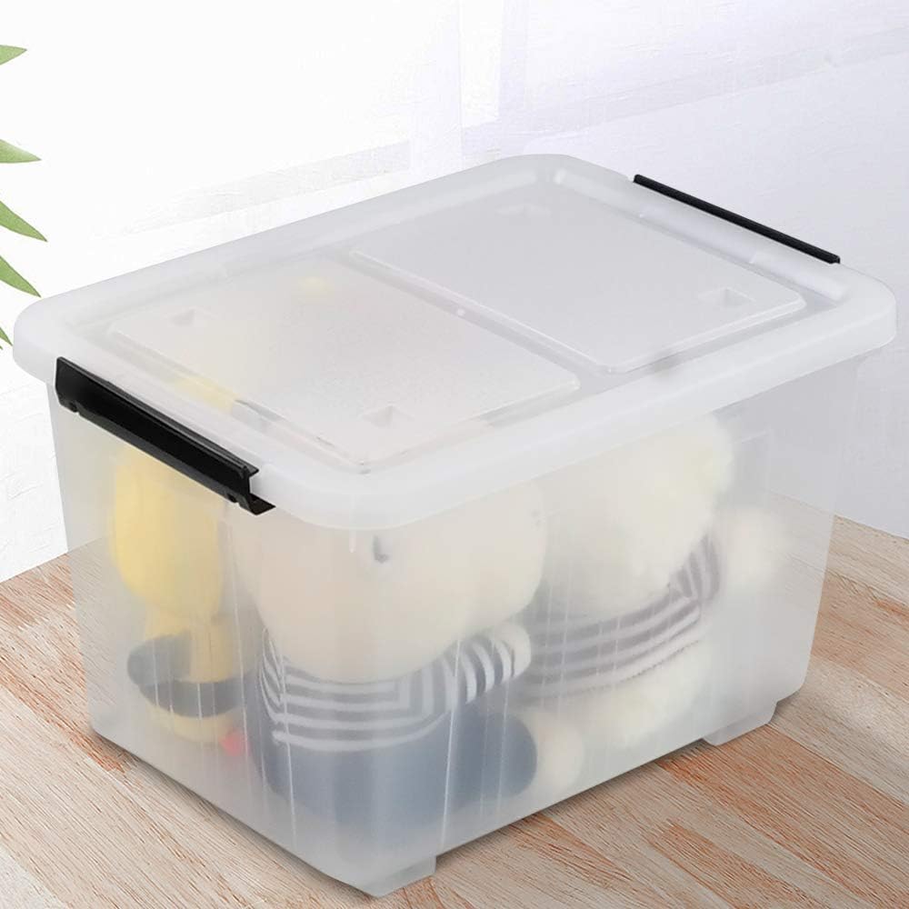 Clear Plastic Storage Bins with Wheels, 4-Pack Latch Boxes, 30 L
