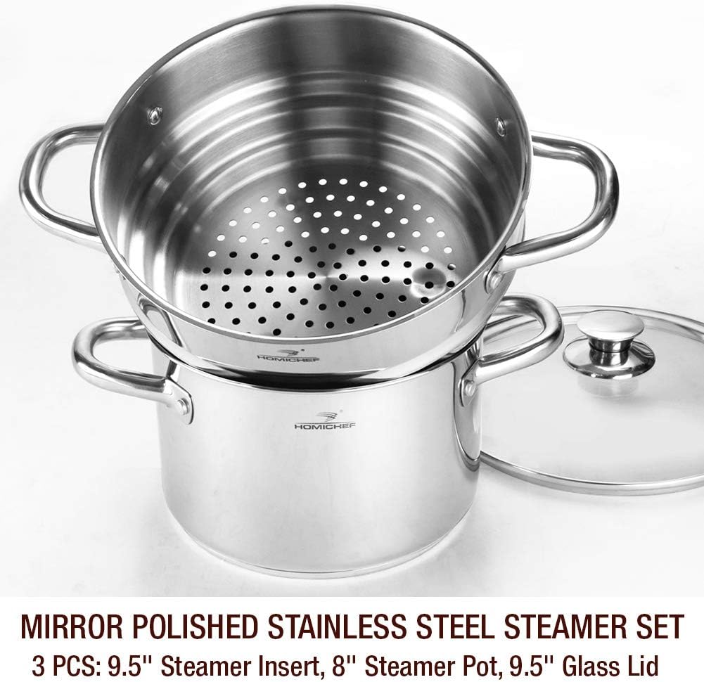 HOMICHEF 3 PCS Whole Food Steamer Set - Nickel Free Stainless Steel Veggie Steam Pot (9.5" Large Vegetable Steamer Insert With Lid, 8" Steam Pot)