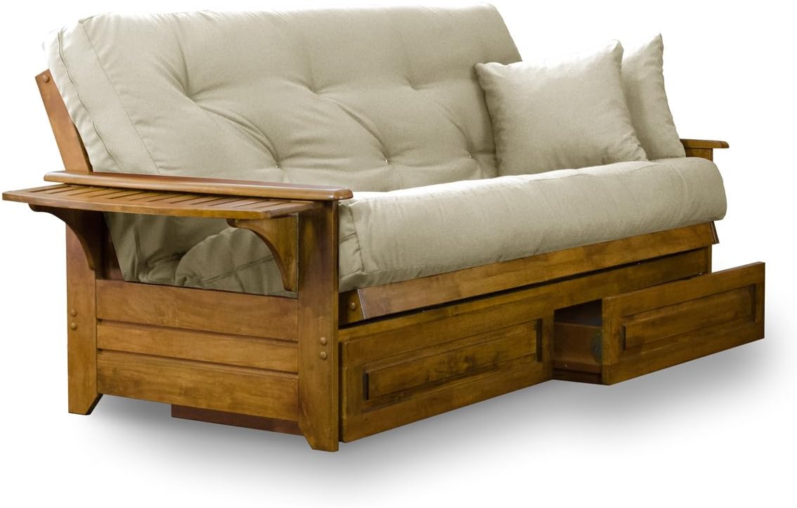 Brentwood Tray Arm Futon Frame, Drawers, and Khaki Mattress Set - Queen, Rich Heritage Finish