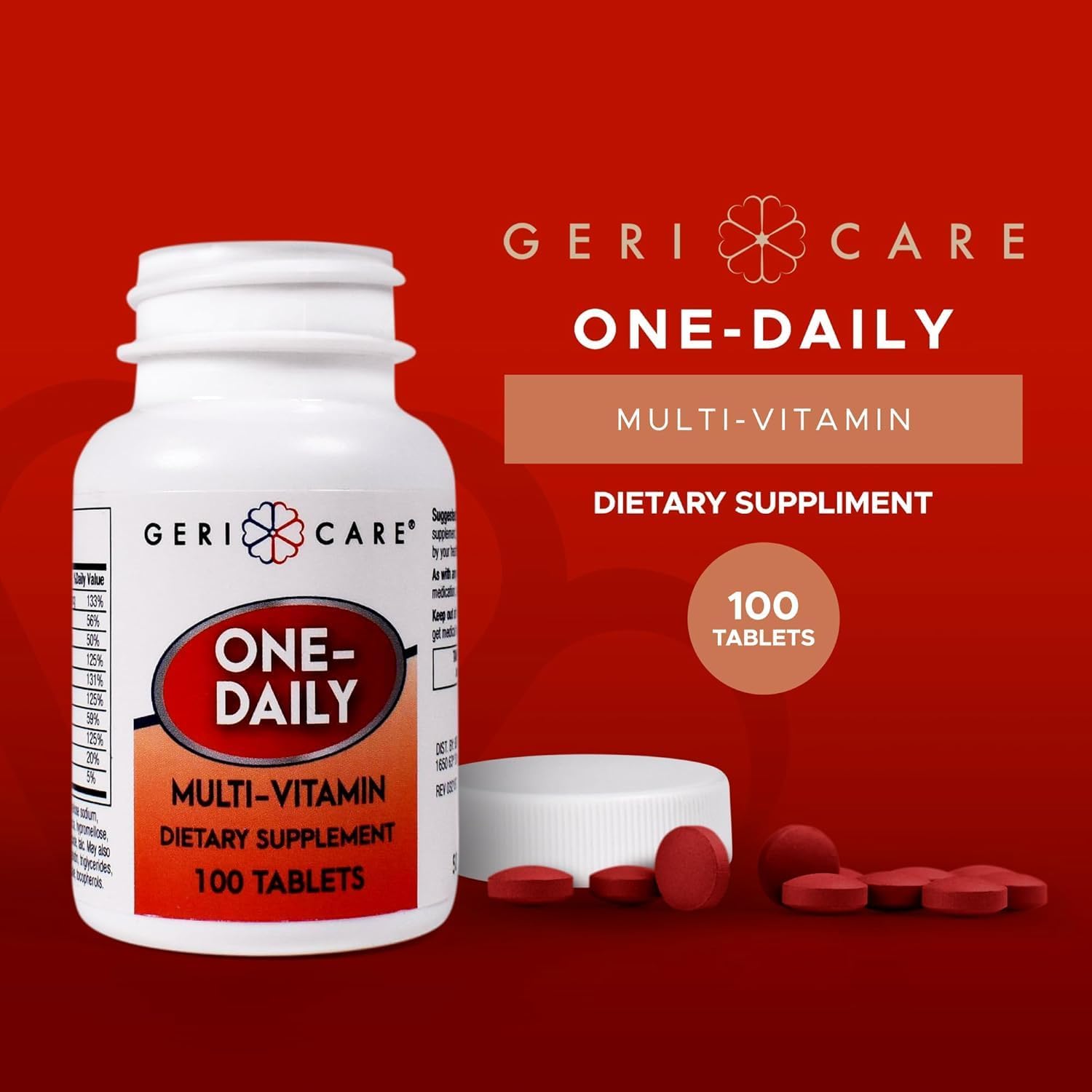 GeriCare One-Daily Multi-Vitamin Tablet, 100 Count Adult Multivitamin Supplement | Easy-to-Take Dietary Supplement with Vitamins A, C, D3, B, Calcium| Vitamin & Mineral Complex (2 Pack)
