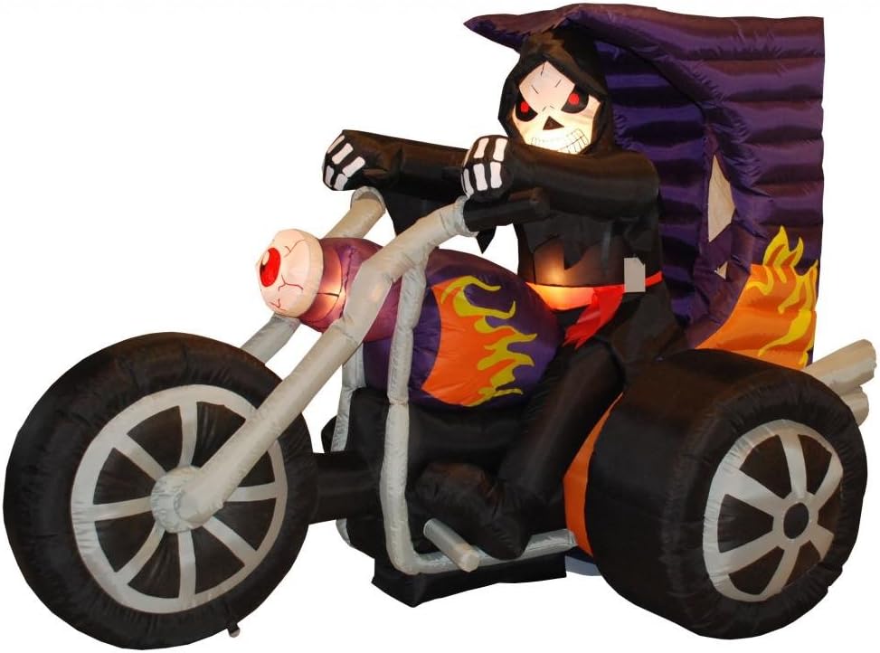 7 FT Long Halloween Inflatable Grim Reaper on Motorcycle | Lights, Outdoor Indoor, Blow Up Lighted Yard Decor, Lawn Inflatables