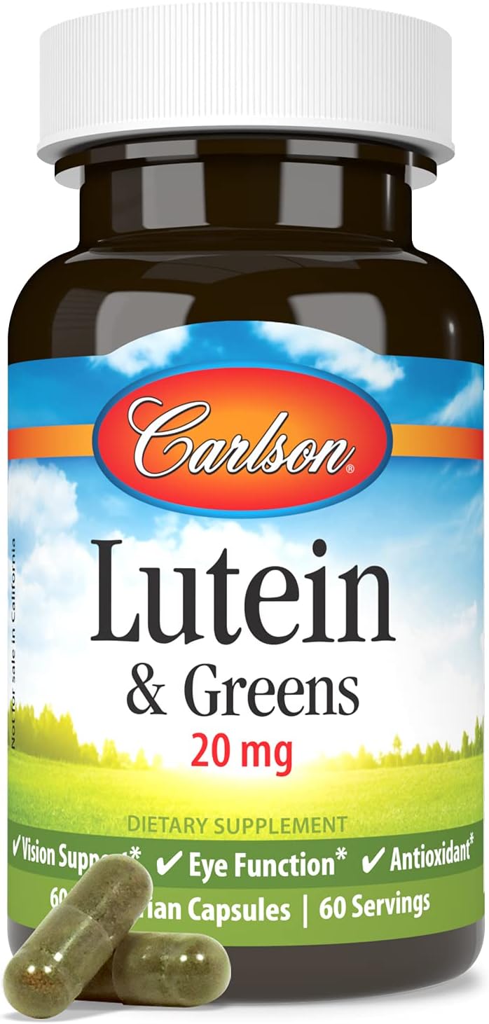 Carlson Lutein & Greens, 20 mg, Vision Support, 60 Vegetarian Capsules | Made with Lutemax 2020; Blue Light Protection; Eye Function