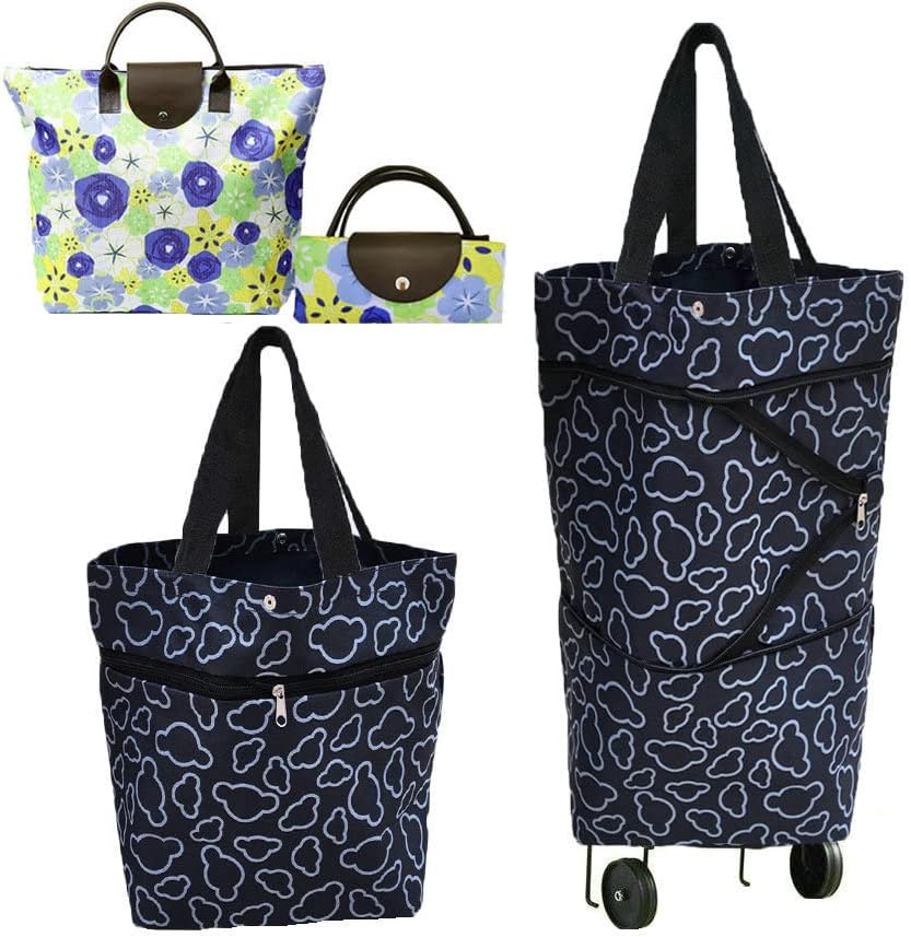 Collapsible Shopping Bag with Wheels Portable Shopping Cart with 360° Swivel Wheels Rolling Tote Bag Reusable Grocery Bag Trolley Bag on Wheels for Travel Shopping and Daily Use(Blue)